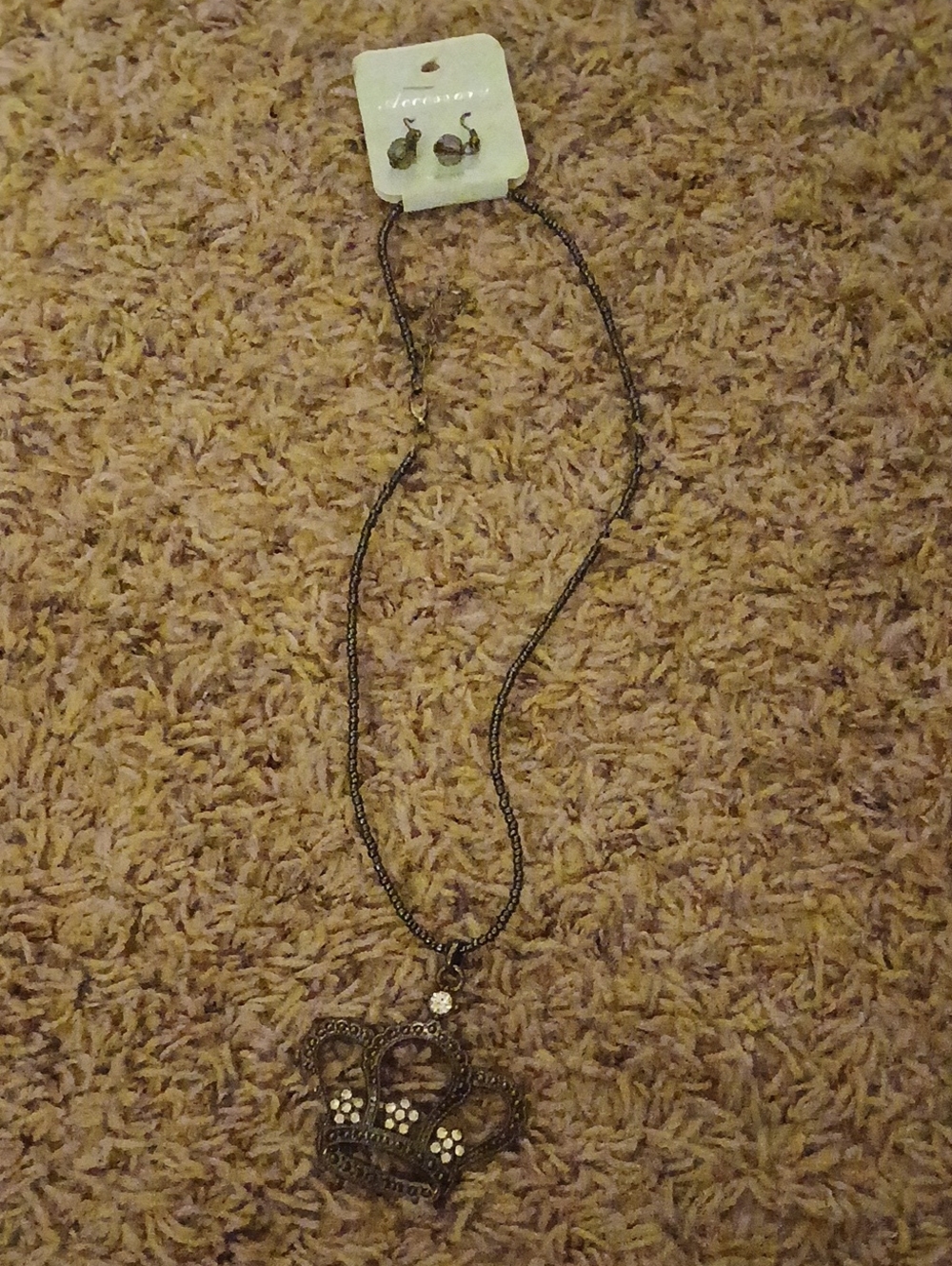 Crown Pendant Long Necklace with Earrings - Bronze Tone